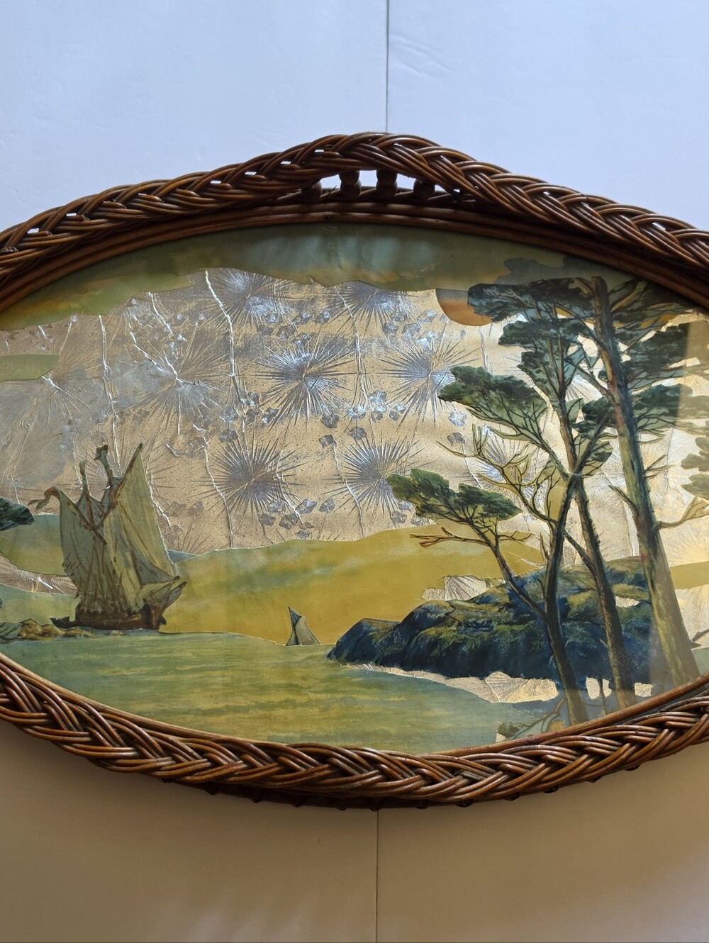 Asian Vintage Wicker Serving Tray Foil Paper Art Glass Top - 19" x 12"